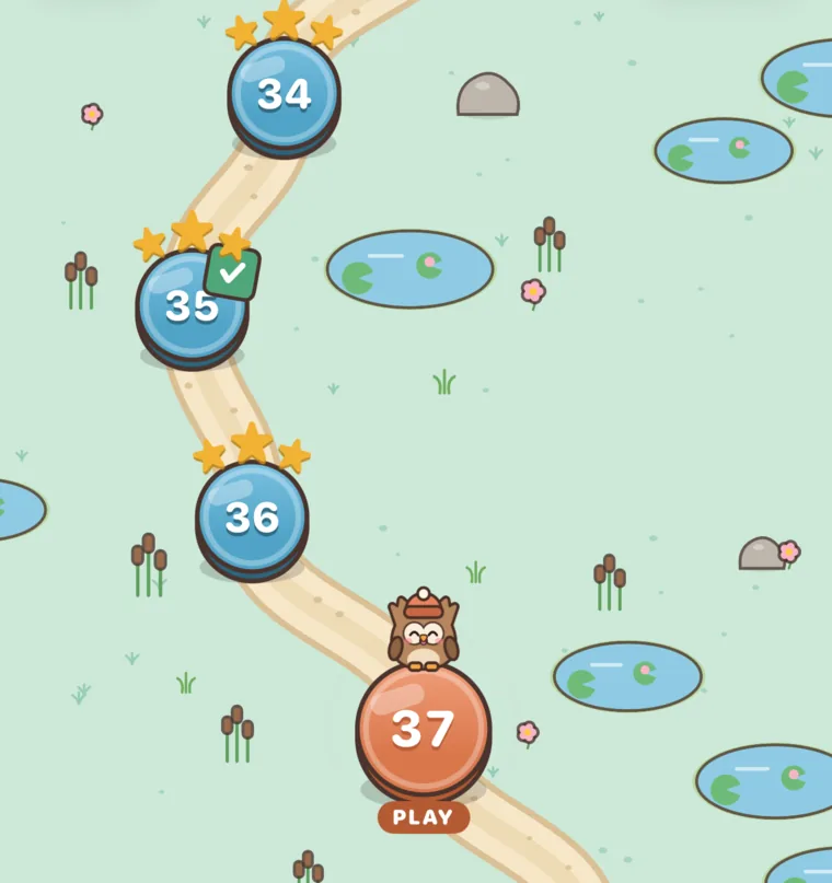 The level map: a winding path past lily ponds, with level 37 up next.